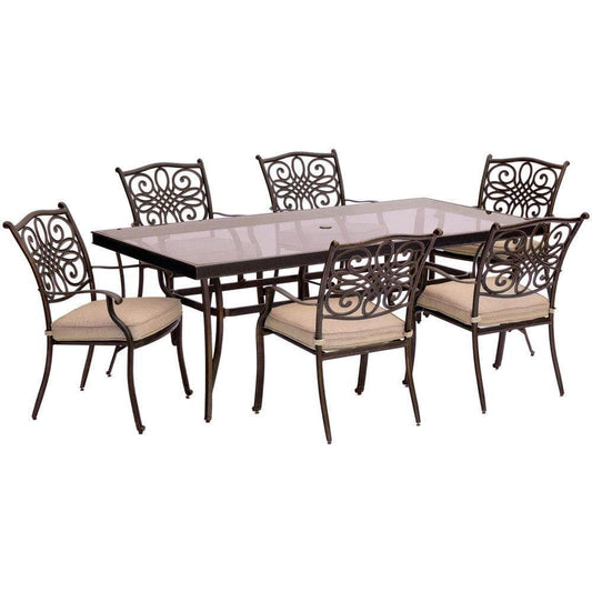 Hanover Outdoor Dining Set Hanover - Traditions 7-Piece Dining Set in Tan with Extra Large Glass-Top Dining Table - TRADDN7PCG