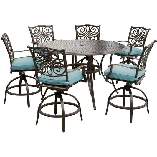 Hanover Outdoor Dining Set Hanover Traditions 7-Piece High-Dining Set in Blue with 56 In. Cast-top Table - TRADDN7PCBR-BLU