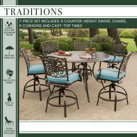 Hanover Outdoor Dining Set Hanover Traditions 7-Piece High-Dining Set in Blue with 56 In. Cast-top Table - TRADDN7PCBR-BLU