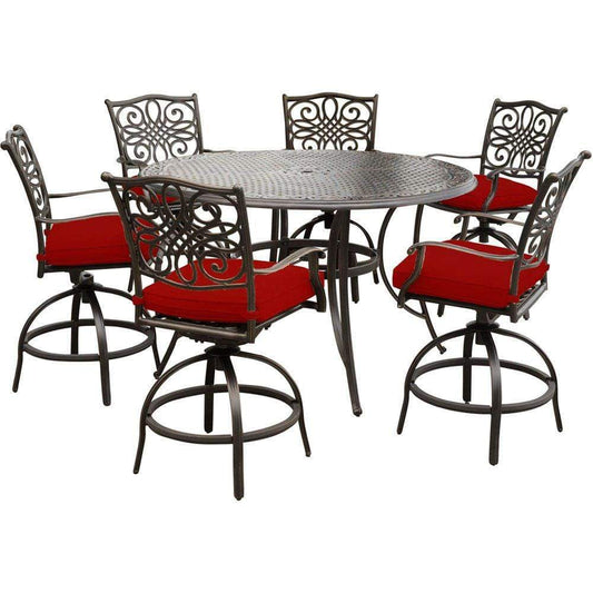 Hanover Outdoor Dining Set Hanover Traditions 7-Piece High-Dining Set in Red with 6 Swivel Chairs and a 56 In. Cast-Top Table - TRADDN7PCBR-RED