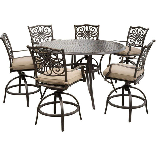 Hanover Outdoor Dining Set Hanover Traditions 7-Piece High-Dining Set in Tan with 6 Swivel Chairs and a 56 In. Cast-top Table - TRADDN7PCBR