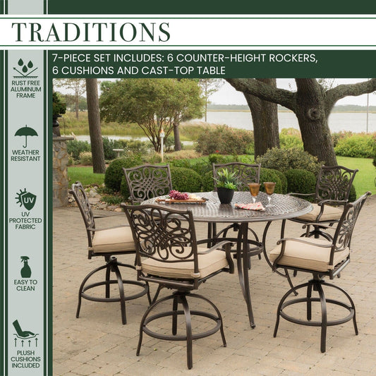 Hanover Outdoor Dining Set Hanover Traditions 7-Piece High-Dining Set in Tan with 6 Swivel Chairs and a 56 In. Cast-top Table - TRADDN7PCBR