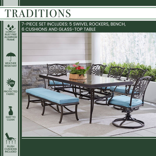 Hanover Outdoor Dining Set Hanover - Traditions 7-Piece Outdoor Dining Set in Blue with 5 Swivel Rockers, a Cushioned Bench, and a 42" x 84" Glass-Top Table - TRADDN7PCSW5GBN-BLU