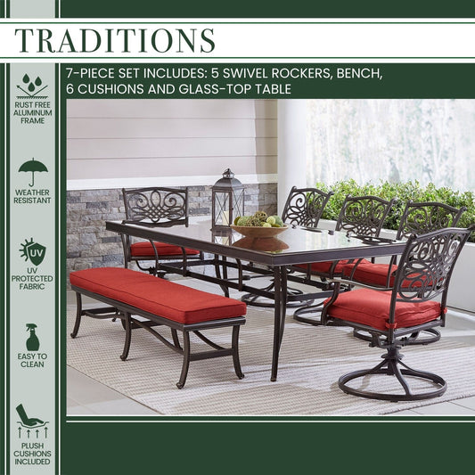 Hanover Outdoor Dining Set Hanover - Traditions 7-Piece Outdoor Dining Set in Red with 5 Swivel Rockers, a Cushioned Bench, and a 42" x 84" Glass-Top Table - TRADDN7PCSW5GBN-RED