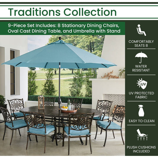 Hanover Outdoor Dining Set Hanover Traditions 9-Piece Aluminium Frame Dining Set in Blue with 8 Dining Chairs, 95-in. x 60-in. Oval Cast-Top Table, Umbrella and Stand | TRADDN9PCOV-SU-B