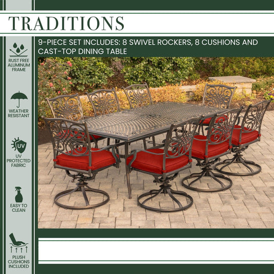Hanover Outdoor Dining Set Hanover - Traditions 9-Piece Aluminium Frame Dining Set in Red with 8 Swivel Rockers and a 84" x 42" Cast-top Dining Table | TRAD9PCSW8-RED