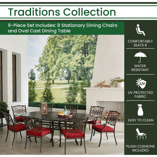 Hanover Outdoor Dining Set Hanover Traditions 9-Piece Aluminium Frame Dining Set in Red with Eight Stationary Dining Chairs and 95-in. x 60-in. Oval Cast Dining Table | TRADDN9PCOV-RED