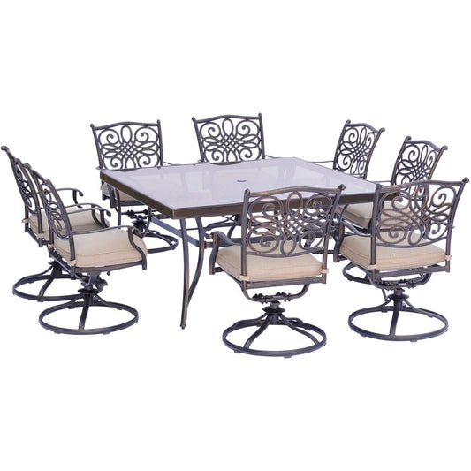 Hanover Outdoor Dining Set Hanover - Traditions 9-Piece Aluminium Frame Dining Set in Tan with a 60 In. Square Glass-Top Dining Table | TRADDN9PCSWSQG