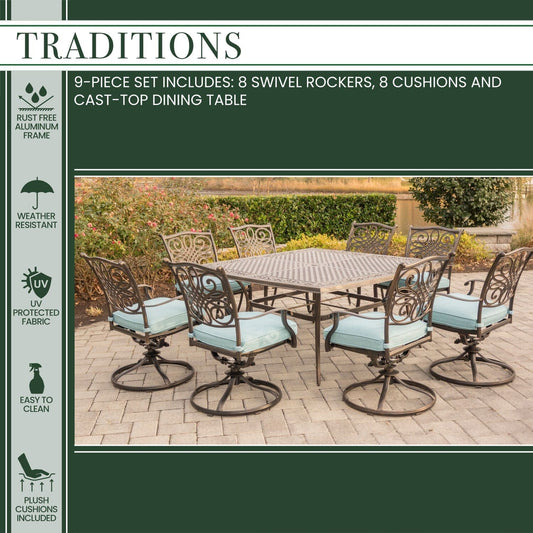 Hanover Outdoor Dining Set Hanover - Traditions 9-Piece Aluminium Frame Square Dining Set in Blue | TRAD9PCSWSQ8-BLU