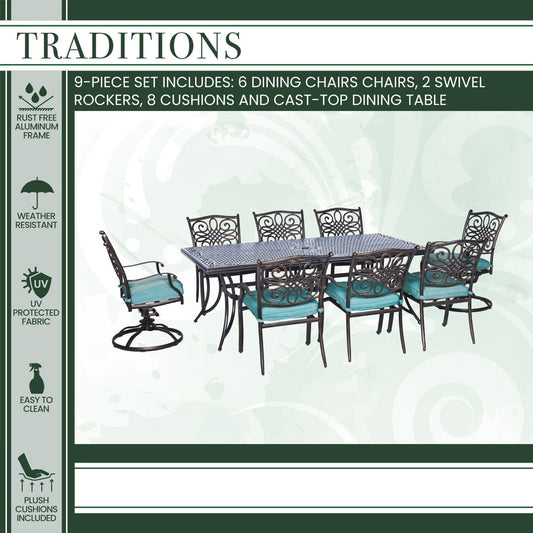 Hanover Outdoor Dining Set Hanover - Traditions 9-Piece Aluminum Frame Dining Set in Blue with 6 Dining Chairs, 2 Benches, and a 42" x 84" Cast-Top Dining Table | TRAD9PCSW2-BLU