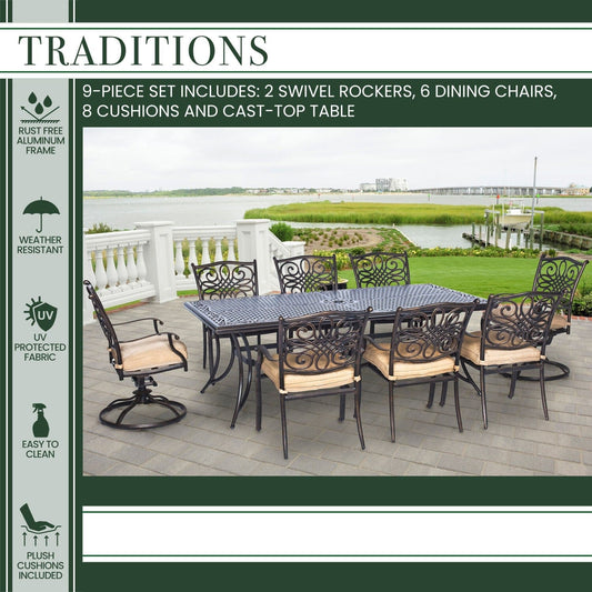 Hanover Outdoor Dining Set Hanover - Traditions 9-Piece Aluminum Frame Dining Set with Six Dining Chairs, Two Swivel Rockers and an Extra-Long Dining Table | TRADDN9PCSW-2