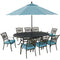 Hanover Outdoor Dining Set Hanover Traditions 9-Piece Dining Set in Blue with 8 Dining Chairs, 95-in. x 60-in. Oval Cast-Top Table, Umbrella and Stand TRADDN9PCOV-SU-B