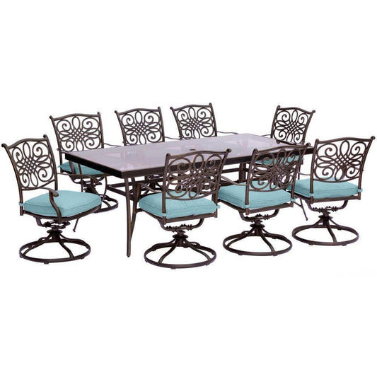 Hanover Outdoor Dining Set Hanover Traditions 9-Piece Dining Set in Blue with Extra Large Glass-Top Dining Table, TRADDN9PCSWG-BLU