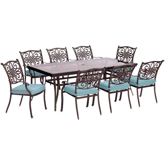 Hanover Outdoor Dining Set Hanover - Traditions 9-Piece Dining Set in Blue with Extra-Long 84 x 41 In. Glass-Top Dining Table - TRADDN9PCG-BLU