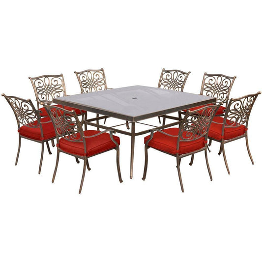 Hanover Outdoor Dining Set Hanover - Traditions 9-Piece Dining Set in Red with 60 In. Square Glass-Top Dining Table - TRADDN9PCSQG-RED