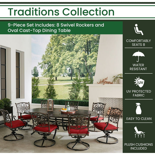 Hanover Outdoor Dining Set Hanover Traditions 9-Piece Dining Set in Red with 8 Swivel Rockers and 95-in. x 60-in. Oval Cast-Top Dining Table