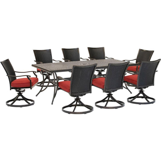Hanover Outdoor Dining Set Hanover - Traditions 9-Piece Dining Set in Red with 8 Wicker Back Swivel Rockers and Extra Large 42 in. x 84 in. Cast-Top Table - TRADDNWB9PCSWC-RED