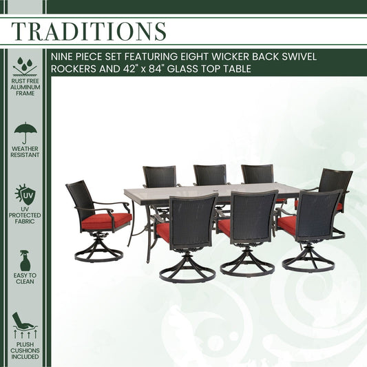 Hanover Outdoor Dining Set Hanover - Traditions 9-Piece Dining Set in Red with 8 Wicker Back Swivel Rockers and Extra Large 42 in. x 84 in. Glass-Top Table