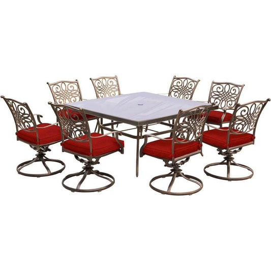 Hanover Outdoor Dining Set Hanover - Traditions 9-Piece Dining Set in Red with a 60 In. Square Glass-Top Dining Table - TRADDN9PCSWSQG-RED