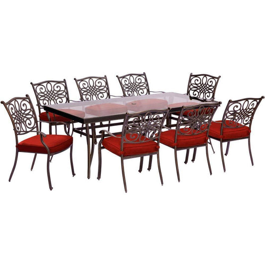 Hanover Outdoor Dining Set Hanover - Traditions 9-Piece Dining Set in Red with an 84 x 41 In. Glass-Top Dining Table - TRADDN9PCG-RED