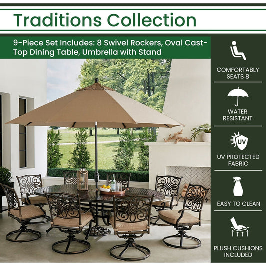 Hanover Outdoor Dining Set Hanover Traditions 9-Piece Dining Set in Tan with 8 Swivel Rockers, 95-in. x 60-in. Oval Cast-Top Table, Umbrella and Umbrella Stand