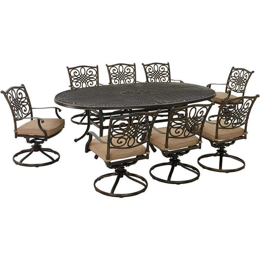 Hanover Outdoor Dining Set Hanover Traditions 9-Piece Dining Set in Tan with 8 Swivel Rockers and 95-in. x 60-in. Oval Cast-Top Dining Table