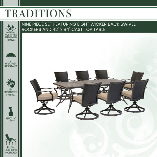 Hanover Outdoor Dining Set Hanover - Traditions 9-Piece Dining Set in Tan with 8 Wicker Back Swivel Rockers and Extra Large 42 in. x 84 in. Cast-Top Table - TRADDNWB9PCSWC-TAN