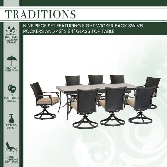 Hanover Outdoor Dining Set Hanover - Traditions 9-Piece Dining Set in Tan with 8 Wicker Back Swivel Rockers and Extra Large 42 in. x 84 in. Glass-Top Table - TRADDNWB9PCSWG-TAN