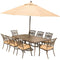 Hanover Outdoor Dining Set Hanover Traditions 9-Piece Dining Set in Tan with an 84 x 41 in. Cast-Top Dining Table, 11 Ft. Table Umbrella and Umbrella Stand - TRADDN9PC-SU