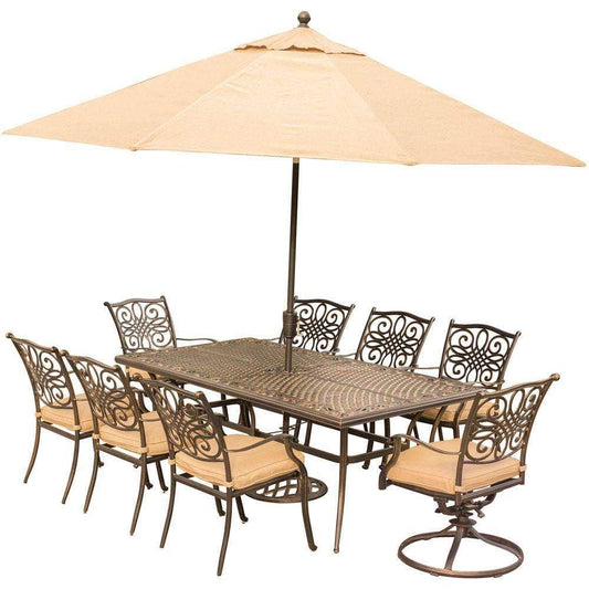 Hanover Outdoor Dining Set Hanover Traditions 9-Piece Dining Set in Tan with Extra-Long Cast-Top Dining Table, 11 Ft. Table Umbrella, and Umbrella Stand - TRADDN9PCSW2-SU