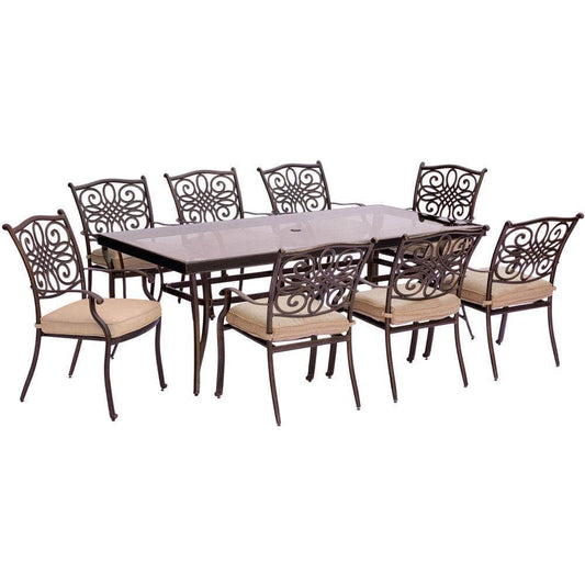 Hanover Outdoor Dining Set Hanover - Traditions 9-Piece Dining Set in Tan with Extra-Long Glass-Top Dining Table