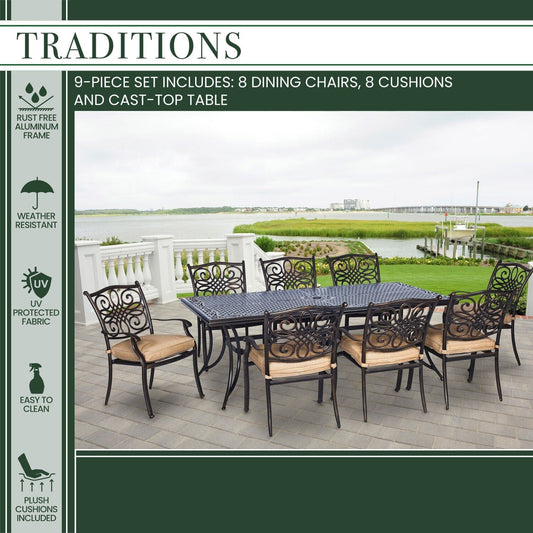 Hanover Outdoor Dining Set Hanover - Traditions 9-Piece Dining Set with Eight Stationary Dining Chairs and an Extra-Long Dining Table - TRADDN9PC