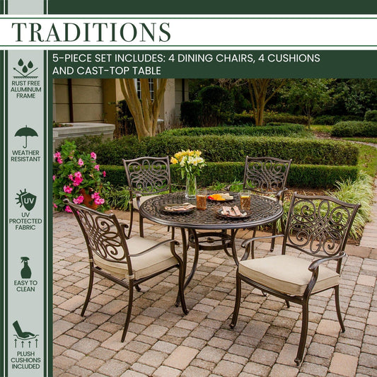 Hanover Outdoor Dining Set Hanover - Traditions5pc: 4 Dining Chairs, 48" Round Cast Table - TRADITIONS5PC
