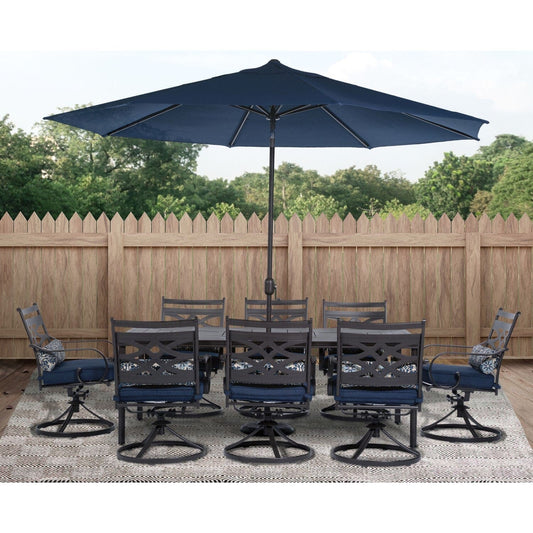 Hanover Outdoor Dining Set Montclair 9 piece Outdoor Dining Set | 8 Swivel Rockers, 42"x 84" Dining Table, Umbrella & Base - Navy and Brown