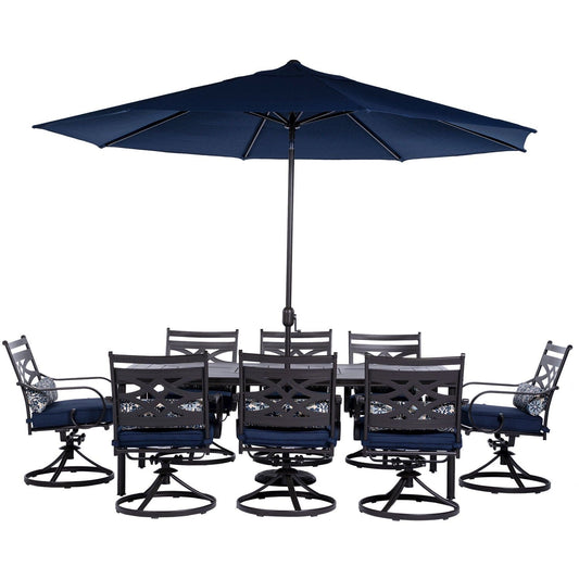 Hanover Outdoor Dining Set Montclair 9 piece Outdoor Dining Set | 8 Swivel Rockers, 42"x 84" Dining Table, Umbrella & Base - Navy and Brown