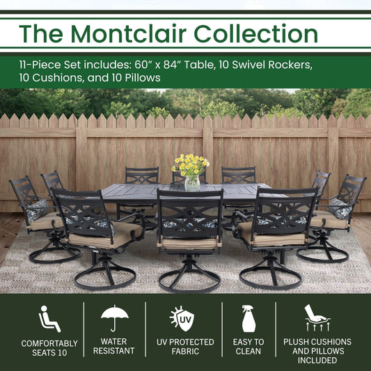 Hanover Outdoor Dining Set Montclair11pc: 10 Swivel Rockers, 60"x84" Rectangle Dining Table Aluminium Frame | MCLRDN11PCSW10-TAN