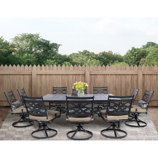 Hanover Outdoor Dining Set Montclair11pc: 10 Swivel Rockers, 60"x84" Rectangle Dining Table Aluminium Frame | MCLRDN11PCSW10-TAN
