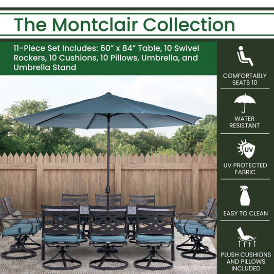 Hanover Outdoor Dining Set Ocean Blue Montclair11pc: 10 Swivel Rockers, 60"x84" Table, Umbrella, Umb Base
