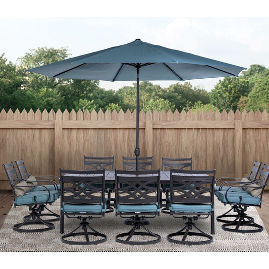 Hanover Outdoor Dining Set Ocean Blue Montclair11pc: 10 Swivel Rockers, 60"x84" Table, Umbrella, Umb Base