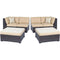 Hanover Outdoor Modular Hanover Metro Modular 6pc Set: 2 Corner Wedges, 2 Armless Chairs, and 2 Ottoman with Tan Cushions and Brown Frames