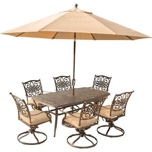 Hanover Patio Furniture Hanover - Traditions 7-Piece Dining Set in Tan with 72 x 38 in. Dining Table, 9 Ft. Table Umbrella, and Umbrella Stand