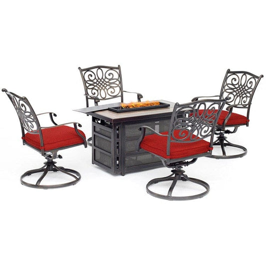Hanover Seating Set Traditions Five-Piece Seating Set with 30000 BTU Fire Pit Table/Swivel Rockers