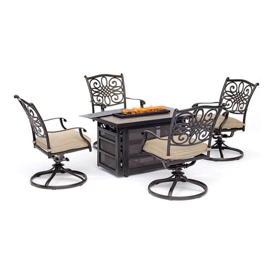 Hanover Seating Set Traditions Five-Piece Seating Set with 30000 BTU Fire Pit Table/Swivel Rockers