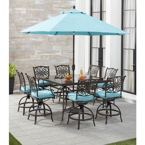 Hanover Table Umbrellas Hanover - Traditions 9-Piece High-Dining Set in Blue with 8 Swivel Chairs, a 60 In. Square Glass-Top Table, Umbrella and Stand - TRADDN9PCBRSQG-SU-B