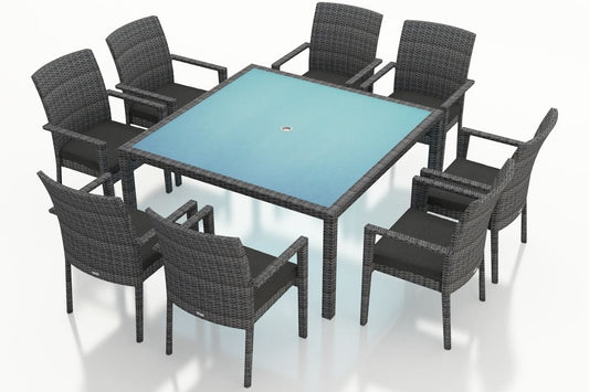 Harmonia Living Outdoor Dining Set Canvas Charcoal Harmonia Living - District 9 Piece Arm Square Dining Set- Table and Eight Dining Arm Chairs | HL-DIS-TS-9ASDS