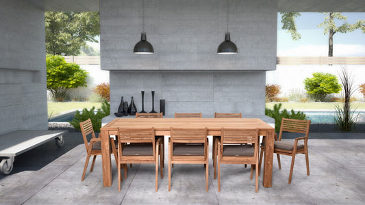 Harmonia Living Outdoor Dining Set Harmonia Living - Link 9 Piece Teak Dining Set | 87"W x 43"D Rectangular Table | 8 Teak Armchairs with Sunbrella Cushions | HL-LINK-TK-9DS