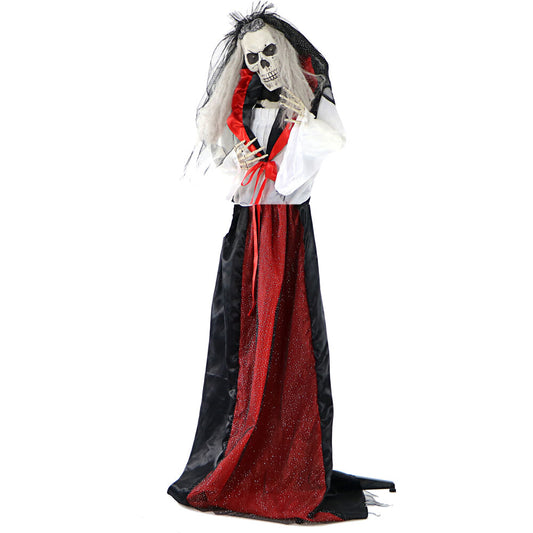 Haunted Hill Farm - 65-In. Mona the Moaning Skeleton Bride, Indoor or Covered Outdoor Halloween Decoration, Red LED Eyes