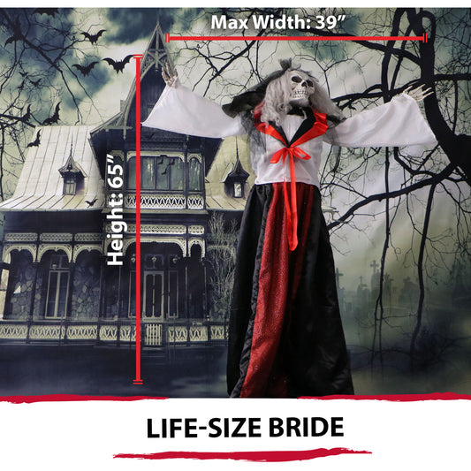 Haunted Hill Farm - 65-In. Mona the Moaning Skeleton Bride, Indoor or Covered Outdoor Halloween Decoration, Red LED Eyes