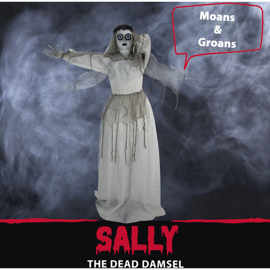 Haunted Hill Farm - 5-Ft. Sally the Haunted Animatronic Bride, Indoor or Covered Outdoor Halloween Decoration, Red LED Eyes
