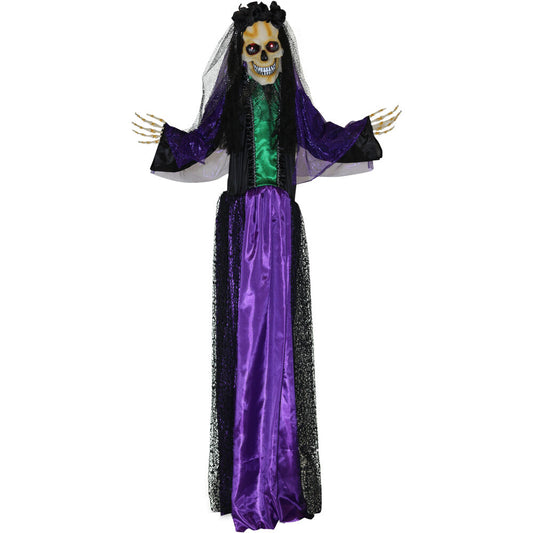 Haunted Hill Farm - 5-Ft. Martina the Voodoo Skeleton Bride, Indoor or Covered Outdoor Halloween Decoration, Red LED Eyes